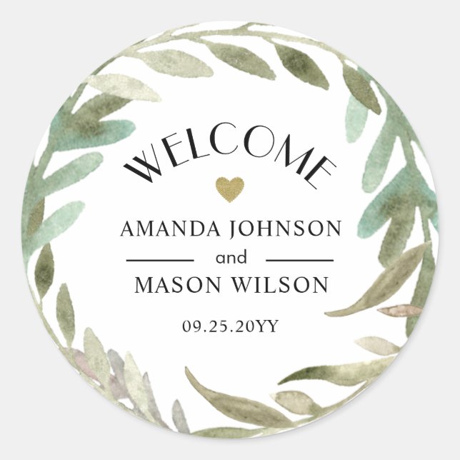 Delicate Watercolor Greenery Wedding Welcome Classic Round Sticker (Front)