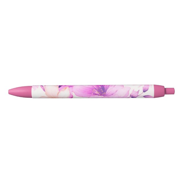 Delicate Watercolor Pink Flowers  Black Ink Pen (Front)