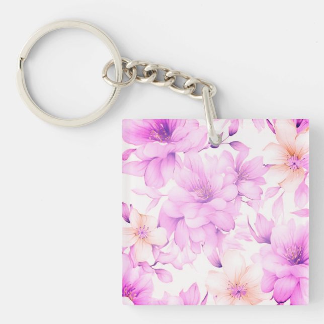 Delicate Watercolor Pink Flowers  Key Ring (Front)
