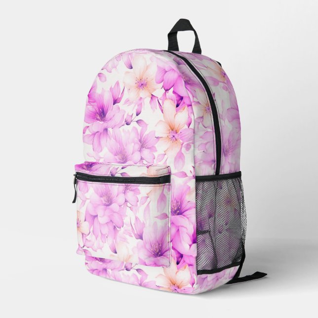 Delicate Watercolor Pink Flowers  Printed Backpack (Back Corner Right)