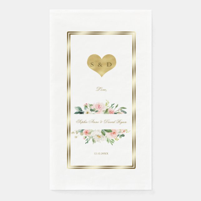 Delicate Watercolor Pink White Floral Gold Wedding Napkin (Front)