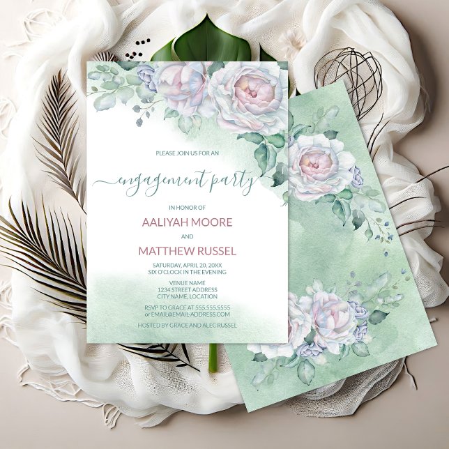 Delicate Watercolor Rose Engagement Party Invitation (Elegant watercolor rose engagement party invitation front and back view.)