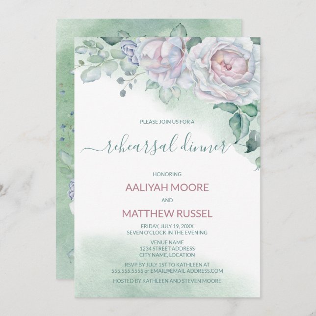 Delicate Watercolor Rose Rehearsal Dinner Invitation (Front/Back)