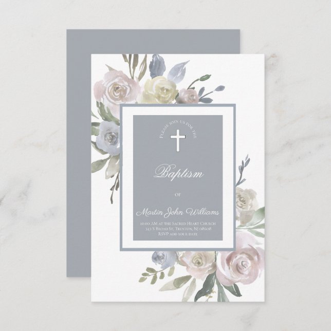 delicate watercolor roses frame | Baptism Invitation (Front/Back)