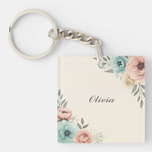 Delicate Watercolor Sketchy Flowers  Key Ring (Front)