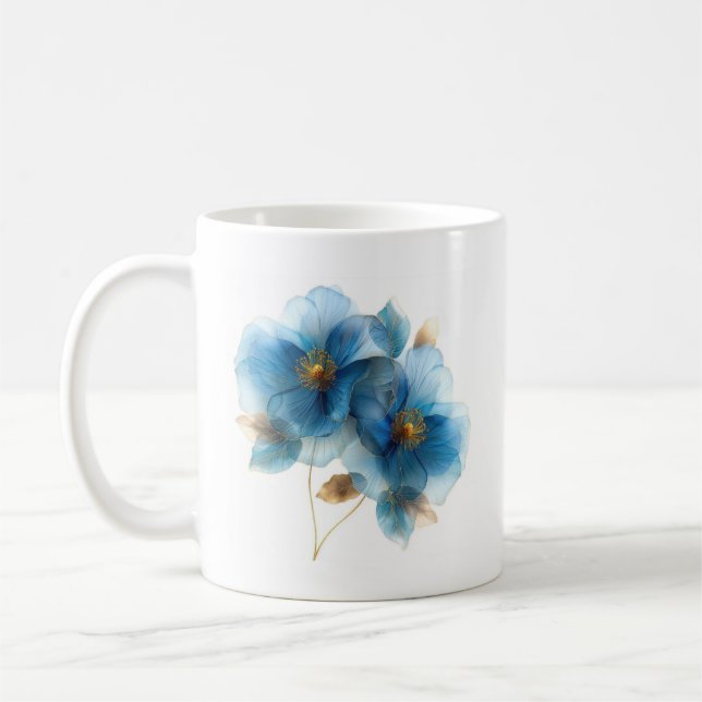Delicate watercolor sky blue and gold flowers coffee mug (Left)