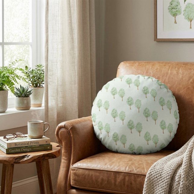 Delicate Watercolor Trees Pattern Light Green  Round Cushion (Creator Uploaded)
