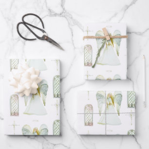 Delicate Watercolor Whimsical Angel Cross Pattern Wrapping Paper Sheet