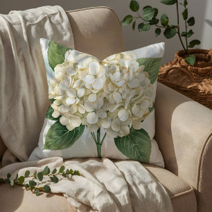 Delicate Watercolor White Hydrangea Bloom Cushion