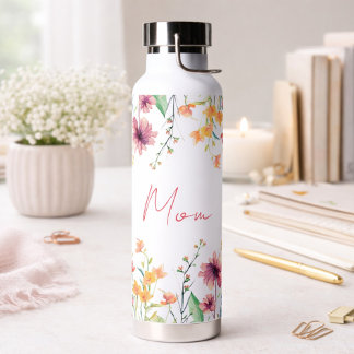 Delicate Watercolor Wildflower Personalized Water Bottle