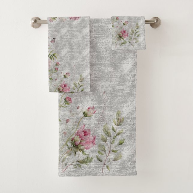Delicate watercolor wildflowers bath towel set (Insitu)