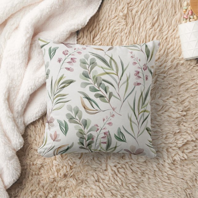 Delicate Watercolor Wildflowers Floral Pink Green Cushion (Blanket)