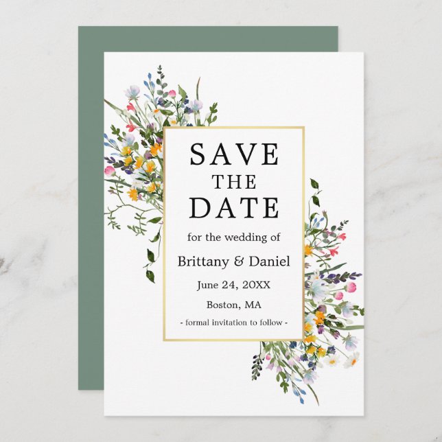 Delicate Watercolor Wildflowers Gold Sage Green Save The Date (Front/Back)