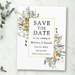 Delicate Watercolor Wildflowers Gold Save The Date Postcard<br><div class="desc">Modern Watercolor Wildflower Wedding Wedding Engagement Announcement Save The Date Postcard includes yellow,  pink,  purple,  dusty blue and white wild flowers,  eucalyptus leaves,  sage green leaves and other botanical greenery on a gold frame.</div>