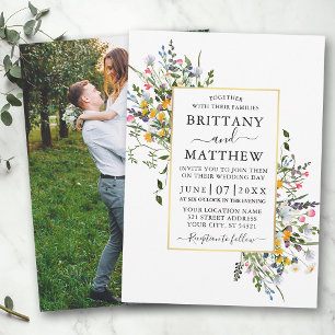 Delicate Watercolor Wildflowers Photo Gold Wedding Invitation