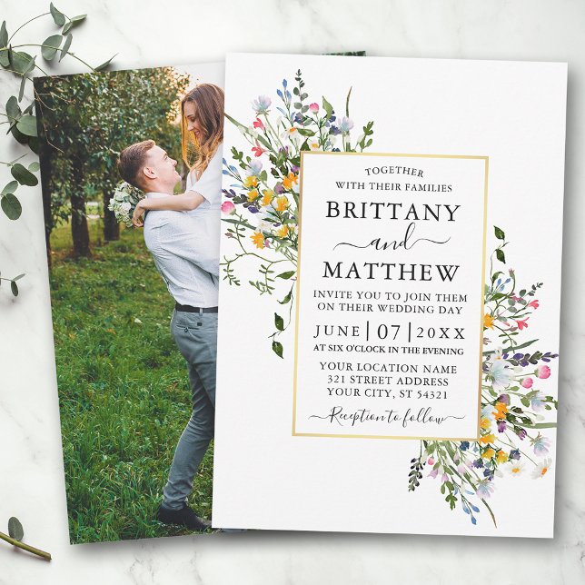 Delicate Watercolor Wildflowers Photo Gold Wedding Invitation (Customize to change text size or text style.)