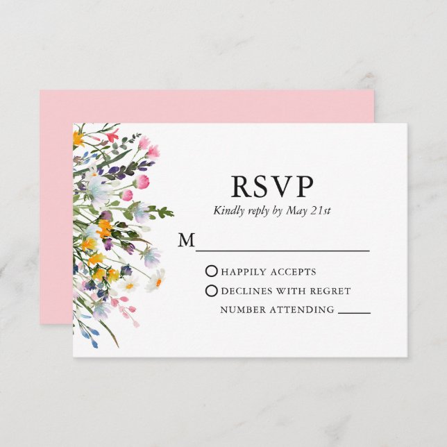 Delicate Watercolor Wildflowers Wedding Pink Blush RSVP Card (Front/Back)