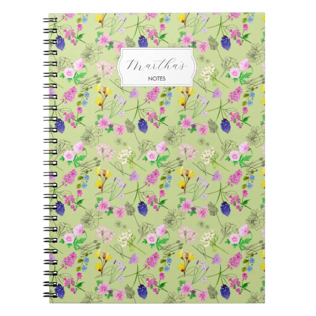 Delicate watercolour wildflowers on green notebook (Front)