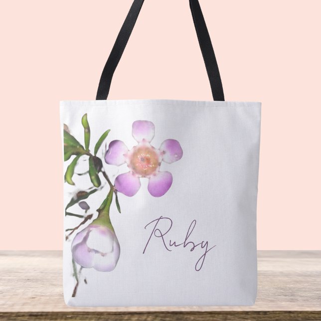 Delicate Wax Flower Bloom Tote Bag (Customizable wax flower design crossbody bag, shoulder tote with purple and white and green stem)