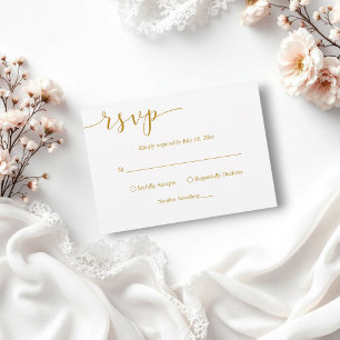 Delicate White and Gold Script Simple Wedding RSVP Card