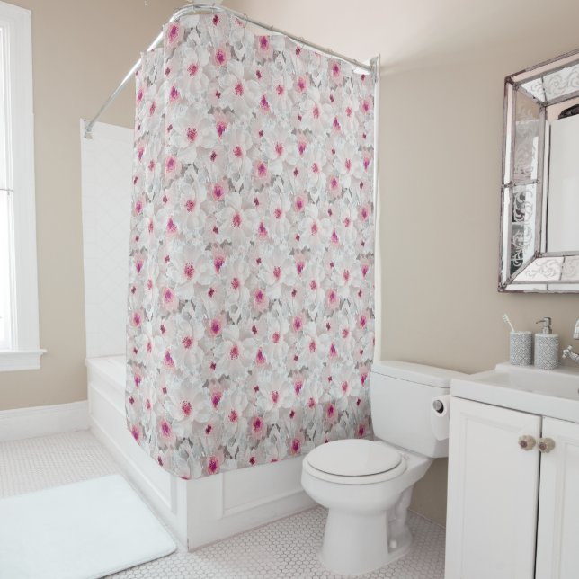 Delicate white and pink floral shower curtain (In Situ)