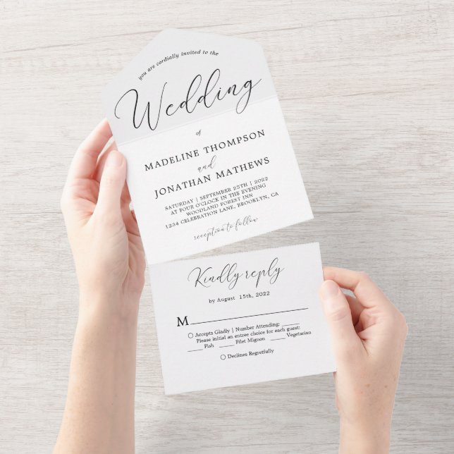 Delicate White Black Minimal Calligraphy Wedding All In One Invitation (Tearaway)