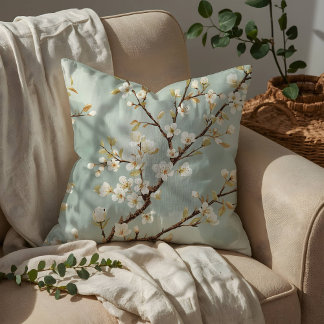 Delicate White Blossom Branch Botanical Cushion