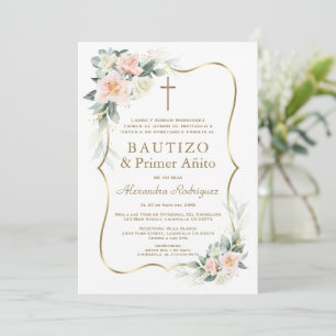 Delicate White Blush Flowers 1st Birthday Baptism  Invitation