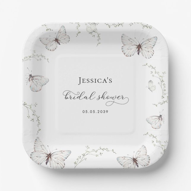 Delicate White Butterfly Garden Bridal Shower Paper Plate (Front)