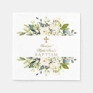 Delicate White Cream Flowers Gold Cross Baptism Napkin