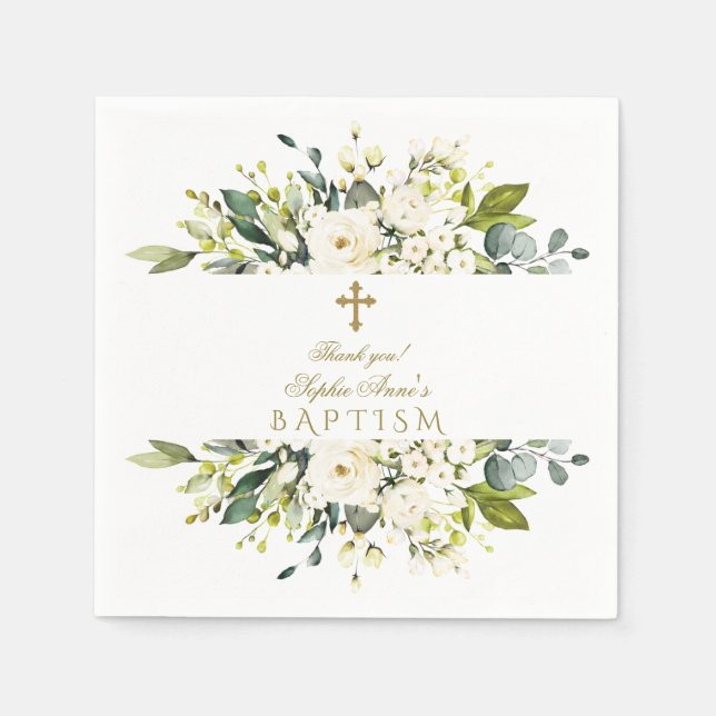 Delicate White Cream Flowers Gold Cross Baptism Napkin (Front)