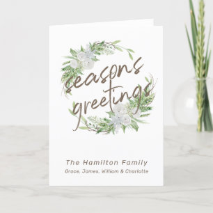 Delicate White Floral Christmas Wreath Holiday Card