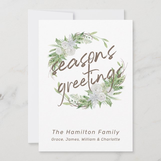 Delicate White Floral Christmas Wreath Holiday Card (Front)