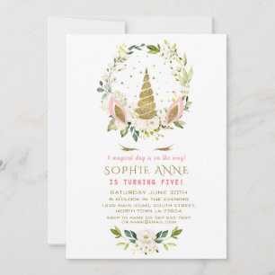 Delicate White Floral Wreath Gold Unicorn Birthday Invitation