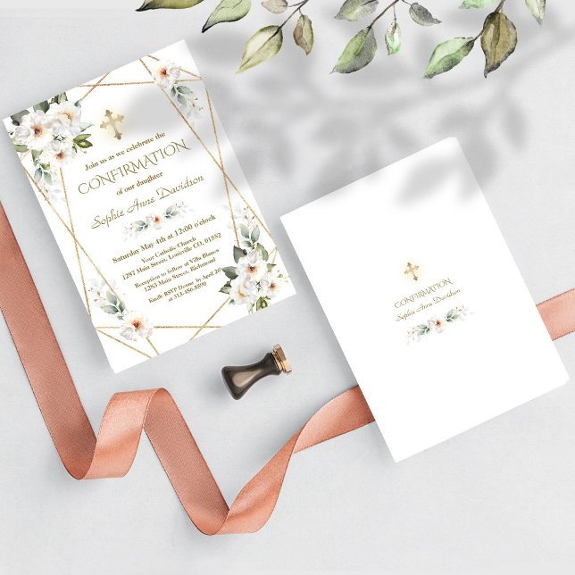 Delicate White Flowers Gold Cross Confirmation Invitation (Creator Uploaded)