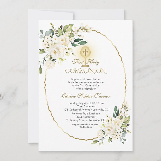 Delicate White Flowers Gold First Holy Communion Invitation (Front)