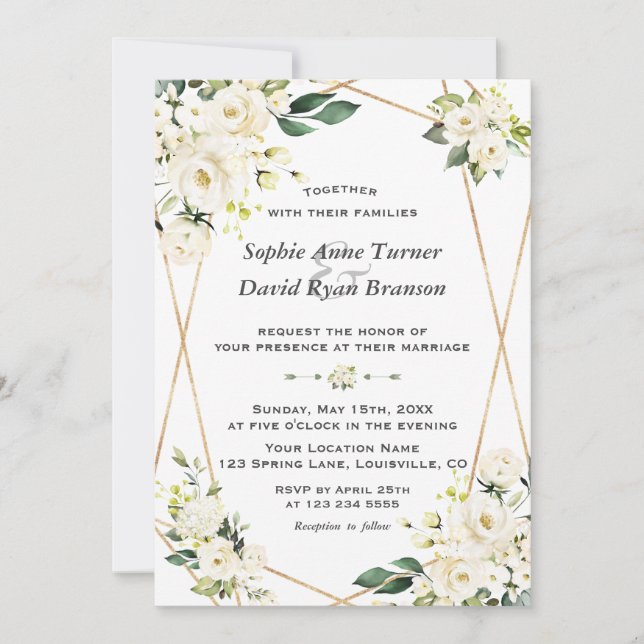 Delicate White Flowers Gold Monogram Wedding Invitation (Front)