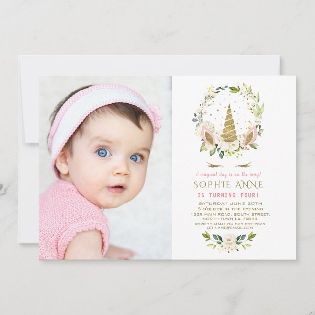 Delicate White Flowers Gold Unicorn Photo Birthday Invitation (Front)