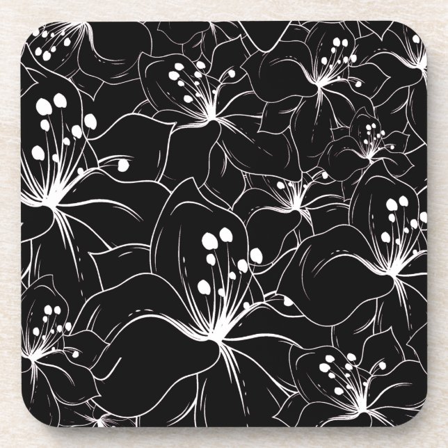 Delicate White on Black Floral Pattern Coaster (Front)