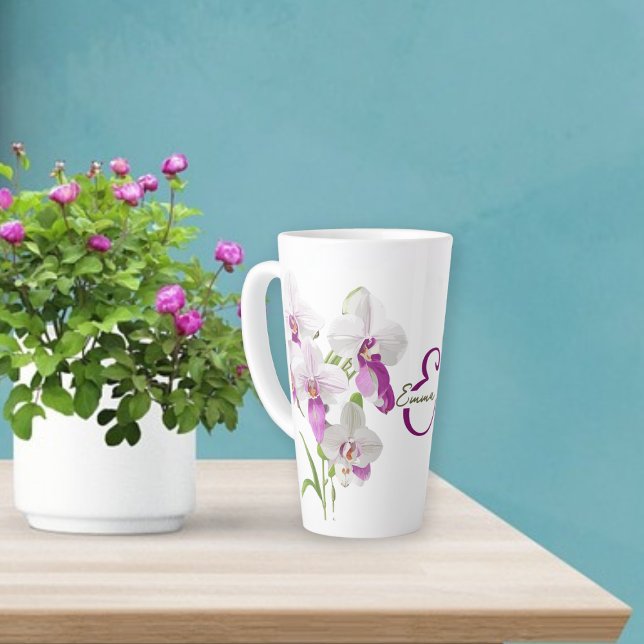 Delicate White Orchid Flowers Monogram Latte Mug (Creator Uploaded)