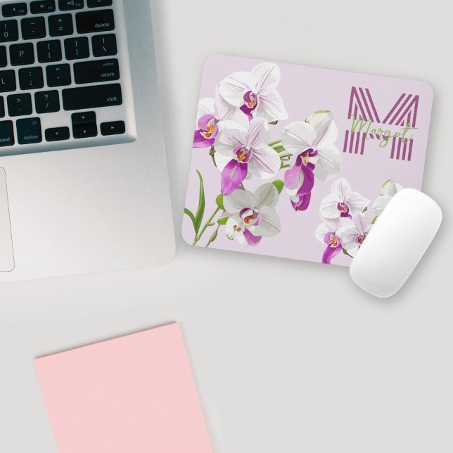 Delicate White Orchids Monogram Mousepad (Creator Uploaded)