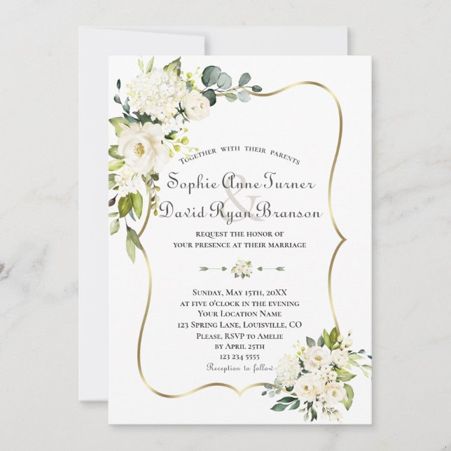 Delicate White Roses Hydrangea Gold Wedding Invitation (Front)