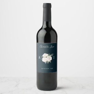 Delicate White Roses Navy Blue Wedding Wine Label