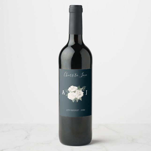 Delicate White Roses Navy Blue Wedding Wine Label (Front)