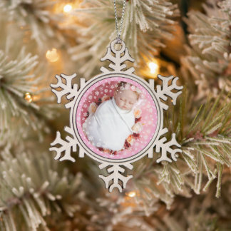 Delicate white snow baby's first christmas snowflake pewter christmas ornament