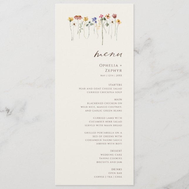 Delicate Wildflower | Beige Garden Wedding Dinner Menu (Front)