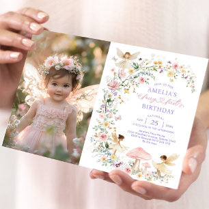 Delicate Wildflower Fairy First 1st Birthday Photo Invitation