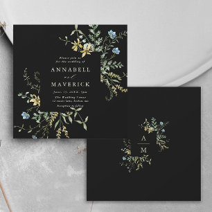 Delicate Wildflower Modern Boho Wedding Black Invitation