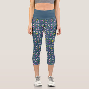 Delicate wildflower print in watercolour on blue capri leggings