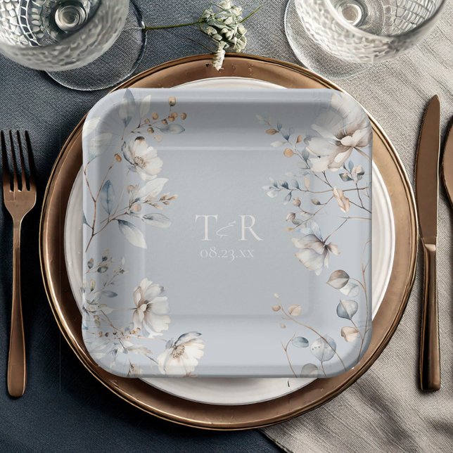 Delicate Wildflower Watercolor Wedding Blue ID1102 Paper Plate (Creator Uploaded)